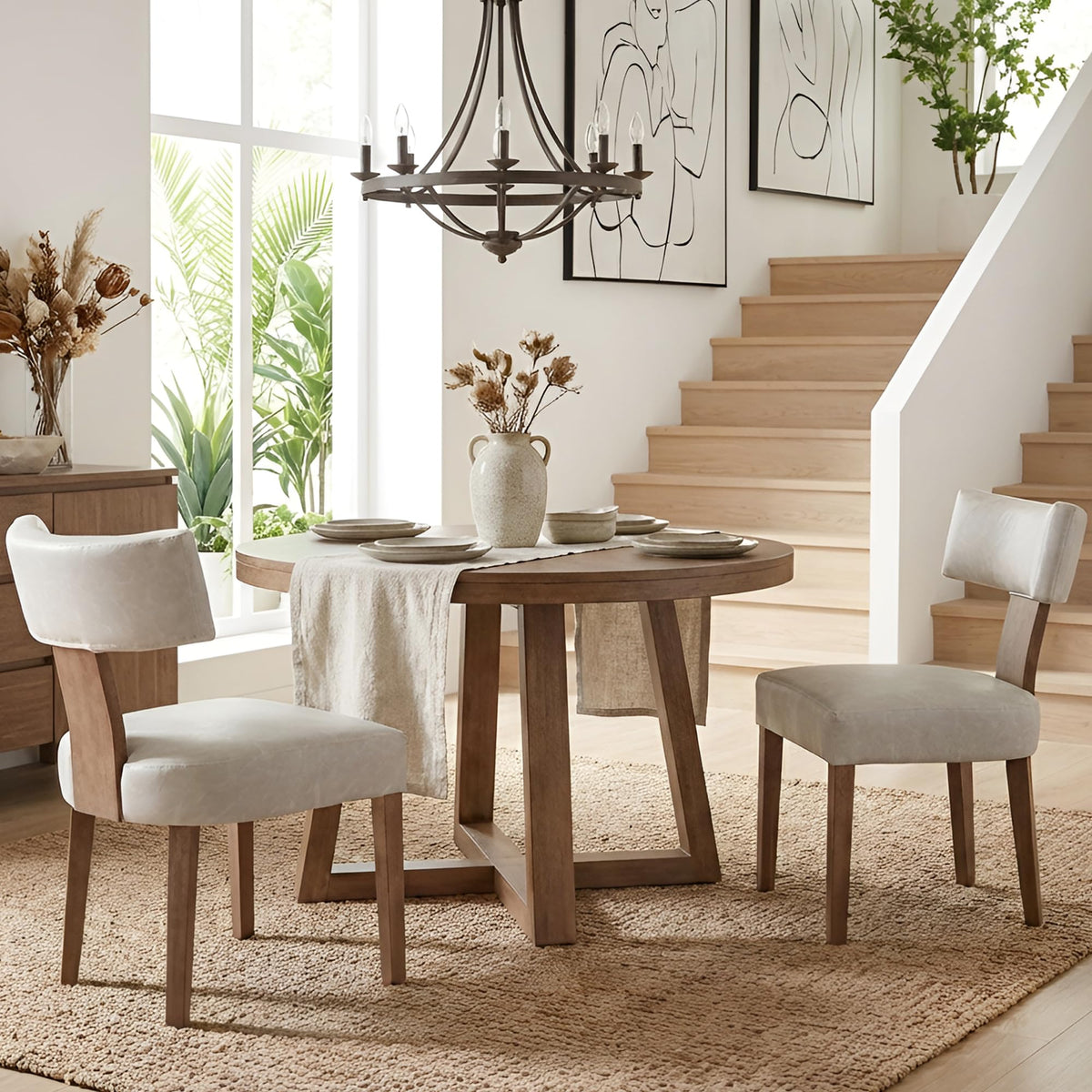 HNY Mid Century Modern Dining Chairs Set of 4, Upholstered Linen Kitchen & Dining Room Chairs with Ergonomic Curved Backrest, Solid Wood Legs, Farmhouse Accent Chair for Home, Apartment, Beige