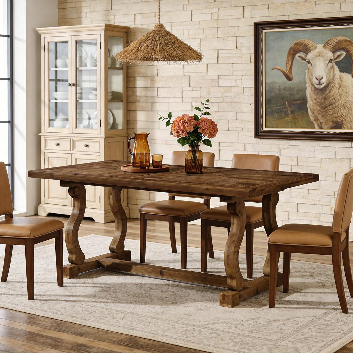Solid Wood Dining Table for 4-6 People, 63" Kitchen Table