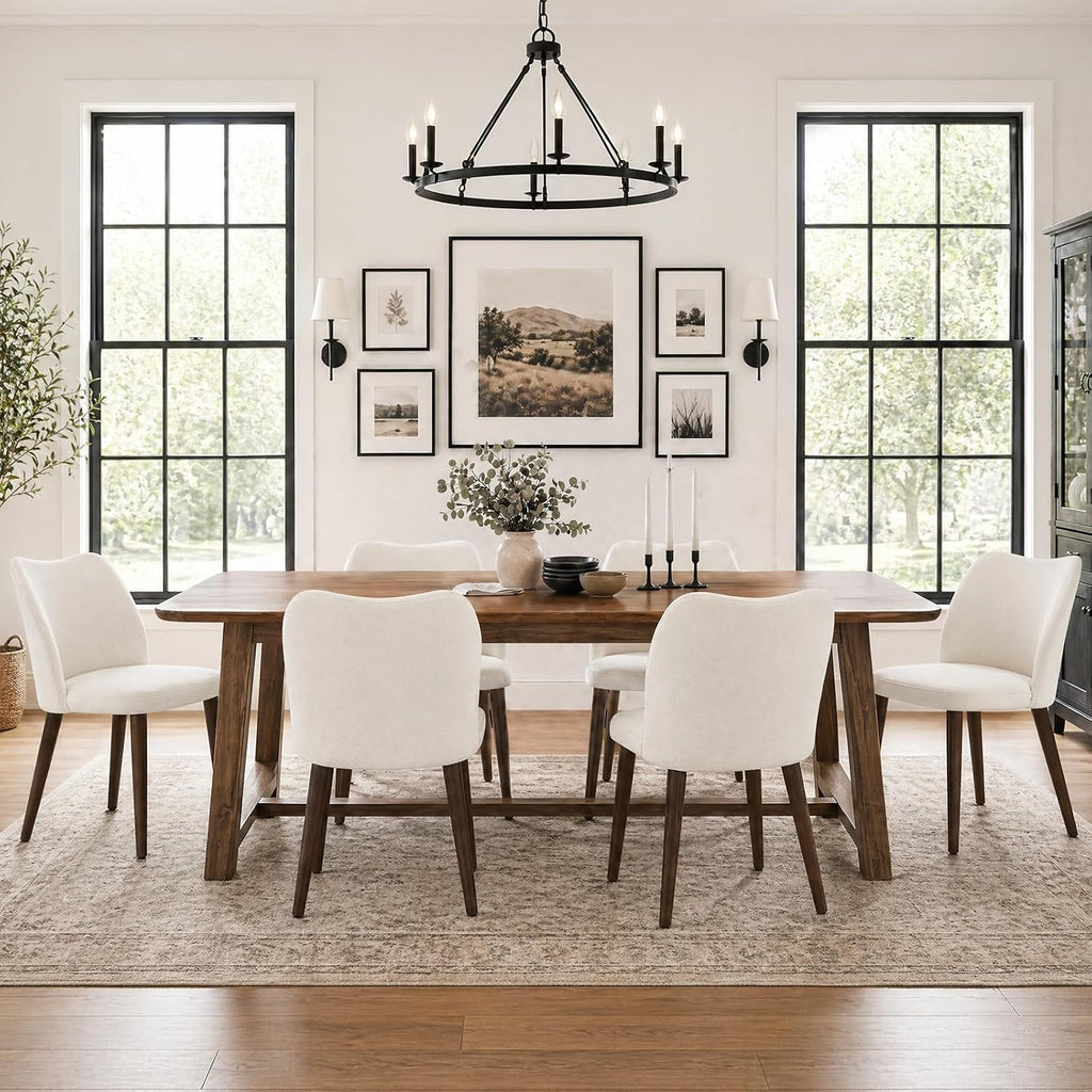 COLAMY Upholstered Dining Chairs Set of 6, Modern Kitchen & Dining Room Chairs with Curved Back, Fabric Padded Seat and Solid Wood Legs, Side Chairs for Restaurant, Cafe & Home, Beige