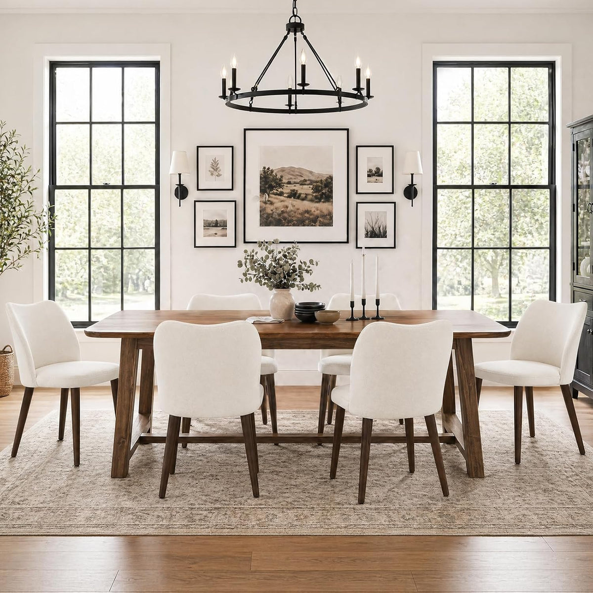 COLAMY Upholstered Dining Chairs Set of 6, Modern Kitchen & Dining Room Chairs with Curved Back, Fabric Padded Seat and Solid Wood Legs, Side Chairs for Restaurant, Cafe & Home, Beige