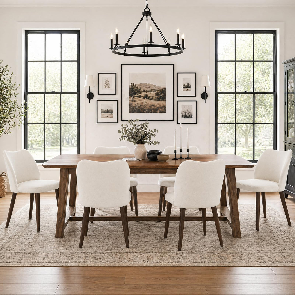 COLAMY Upholstered Dining Chairs Set of 6, Modern Kitchen & Dining Room Chairs with Curved Back, Fabric Padded Seat and Solid Wood Legs, Side Chairs for Restaurant, Cafe & Home, Beige