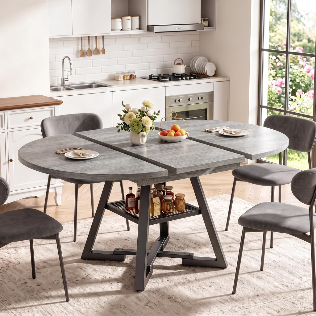 Jocoevol Extendable Round Dining Table for 4-8, Round to Oval Dining Table with Open Storage Shelf, Space Saving Expandable Kitchen Table, Modern Design for Apartments & Dining Rooms,Grey