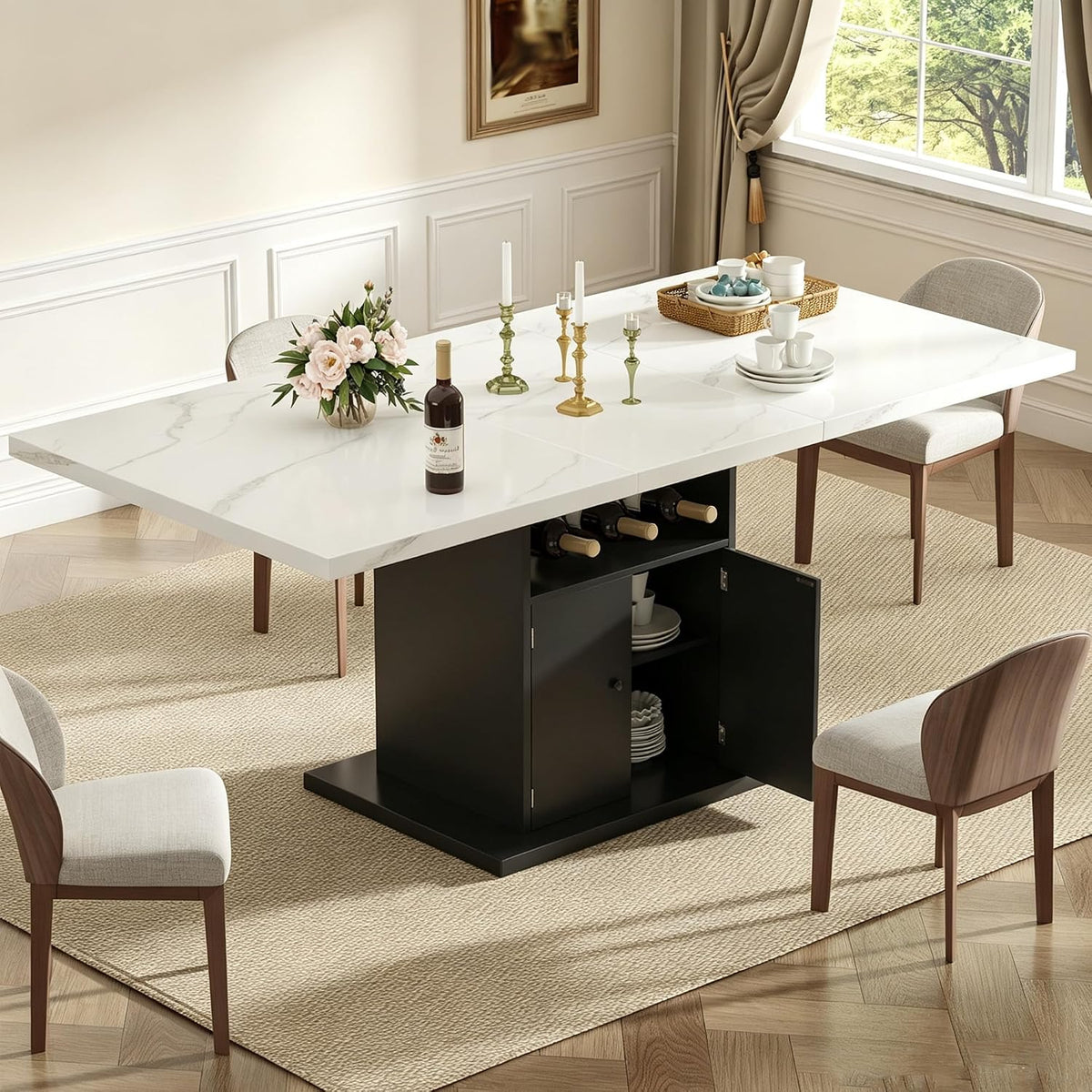 Extendable Rectangle Dining Table for 4-6, 47-63 Inch Faux Marble Kitchen Table with Storage Shelves and Wine Rack, Expandable Modern Rectangular Dinner Table for Kitchen, Dining Room, Black Pedestal