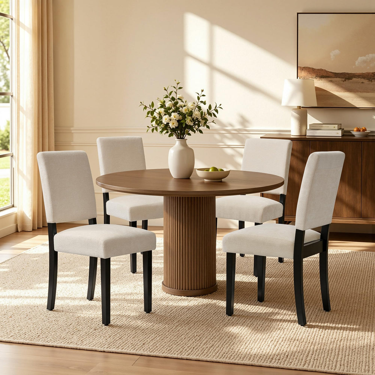 CHUN YI Dining Chairs Set of 4, Upholstered Dining Room Chairs, Modern Farmhouse Parsons Chairs with Solid Wood Legs & Fabric Padded Seat for Kitchen/Living Room/Restaurant, Beige