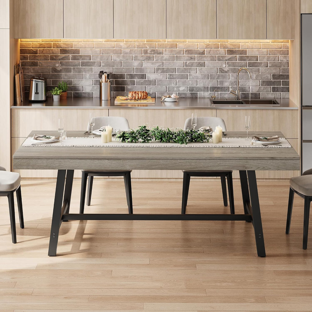 Industrial Dining Table for 6, 70.9" Rectangular Kitchen Table with Hidden 2 Storage Drawers, Wooden Dining Room Table with Heavy Duty Metal Frame, Kitchen & Dining Room Table for 6-8 People, Grey