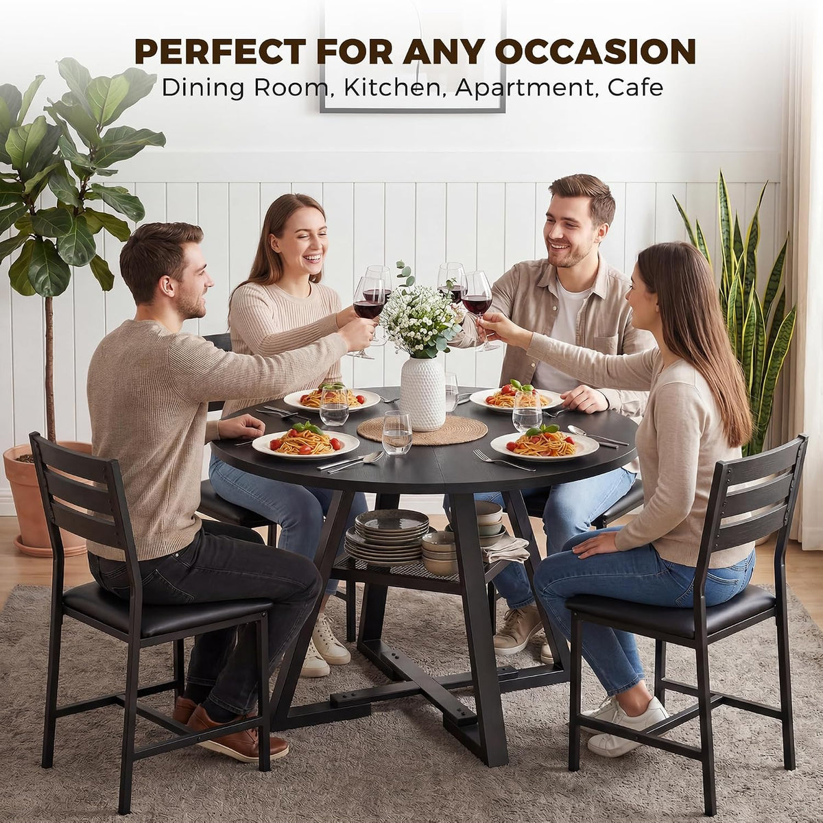 Jocoevol Round Dining Table for 4,Kitchen Dining Room Circle Dinner Pedestal Table,Space Saving Wood Kitchen & Dining Room Furniture (Black, 46In)