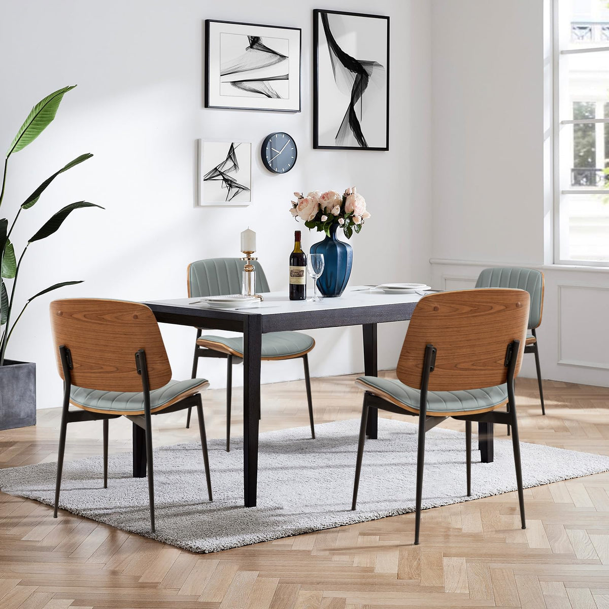LUNLING Dining Chairs Set of 2 Mid Century Modern Retro Green Velvet Kitchen Chairs with Walnut Bentwood Upholstered Seat Metal Legs Adjustable Foot for Kitchen Dining Room Chairs(Green Fabric)