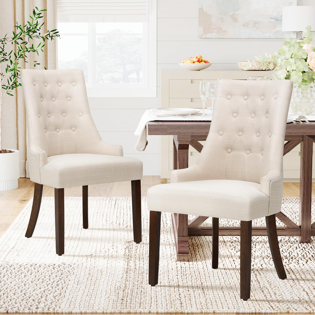 COLAMY Wingback Upholstered Dining Chairs Set of 4, Fabric Side Dining Room Chairs with Tufted Button, Living Room Chairs for Home Kitchen Resturant- Beige