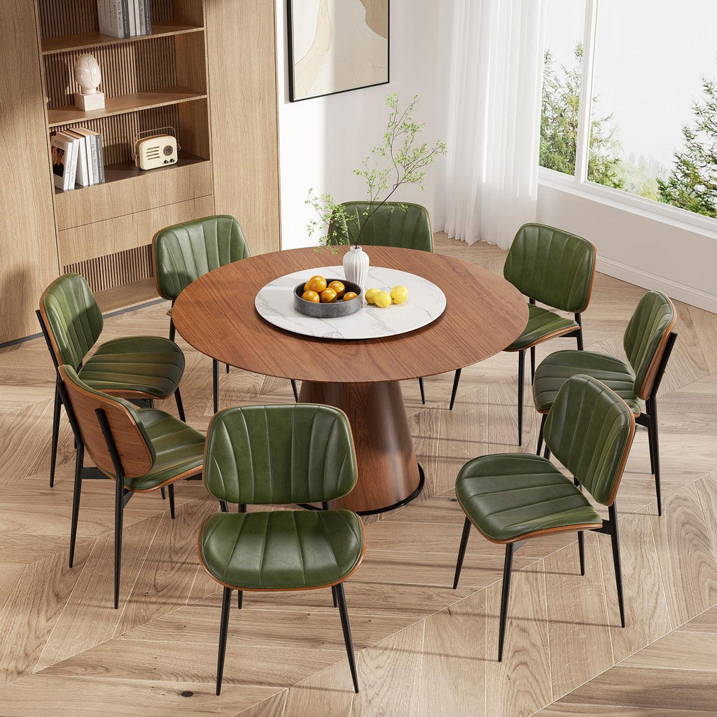 Dining Chairs Set of 2, Mid Century Modern Dining Room Chair, Upholstered Faux Leather Kitchen Chairs with Walnut Bentwood Back and Metal Legs for Kitchen Dining Room Living Room, Black