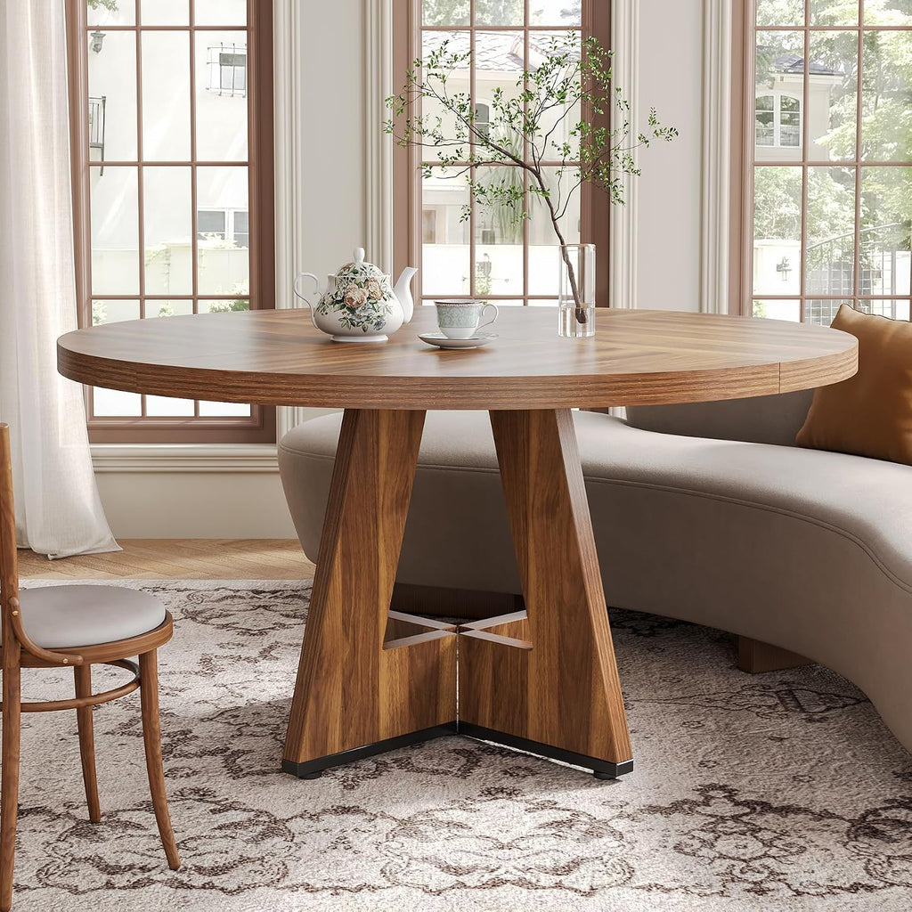 LITTLE TREE Round Dining Table for 4-6 People, 47 Inches Dining Room Table with Wooden Pedestal Base, Brown Dinner Tables, Circle Kitchen Tables for Kitchen, Living Room(Table Only)