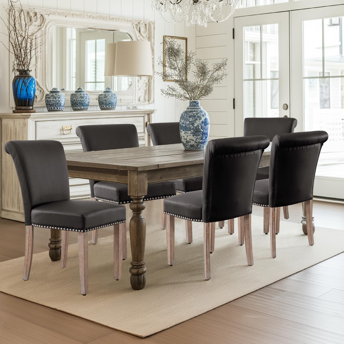 CHUN YI Dining Chairs Set of 4, Faux Leather Dining Room Chairs, Upholstered Modern Kitchen Parsons Chairs for Dining Room with Sturdy Wood Legs, Black (Only Chair)