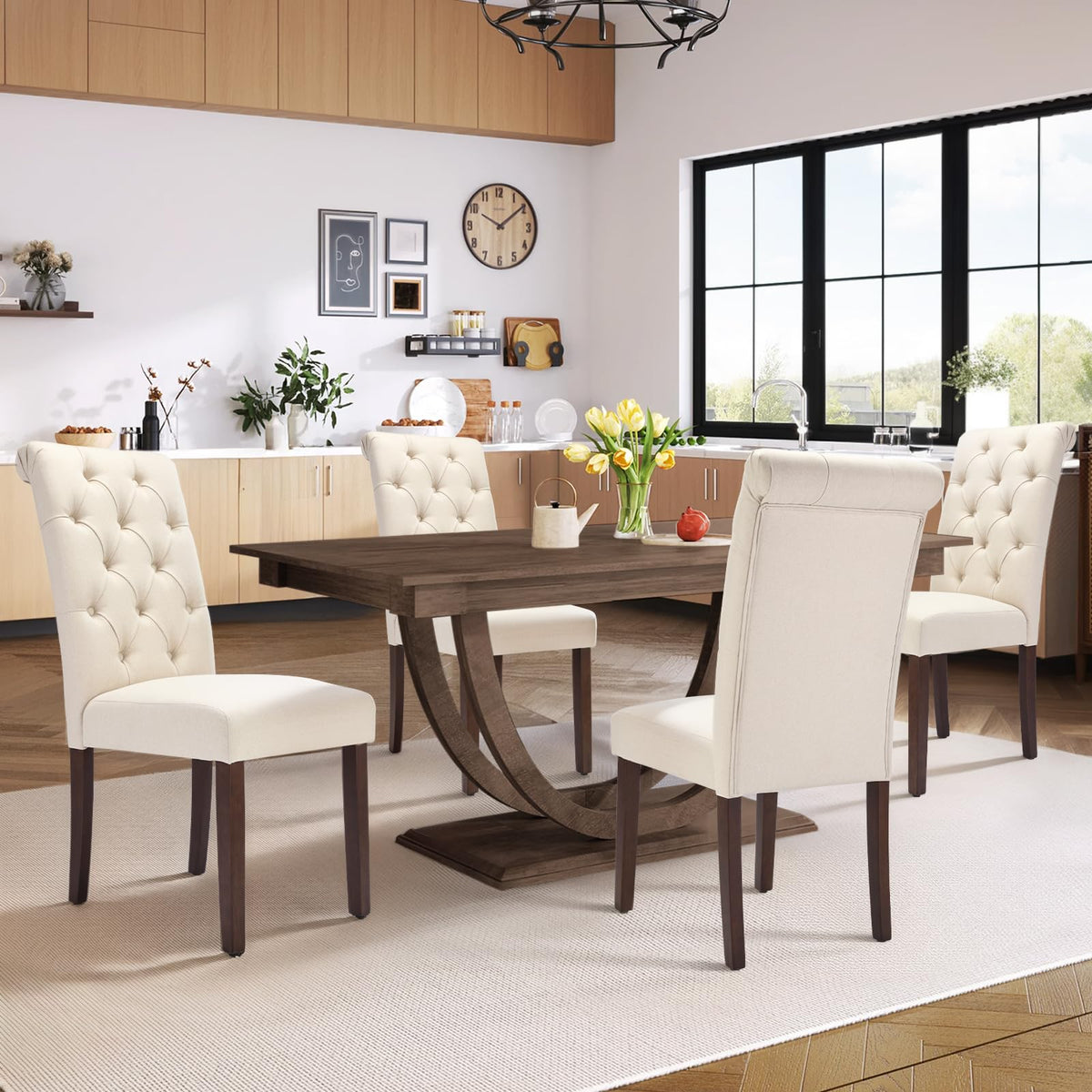 COLAMY Button Tufted Dining Chairs Set of 4, Parsons Upholstered Fabric Dining Room Chairs Kitchen Chairs with Wood Legs and Padded Seat, Taupe