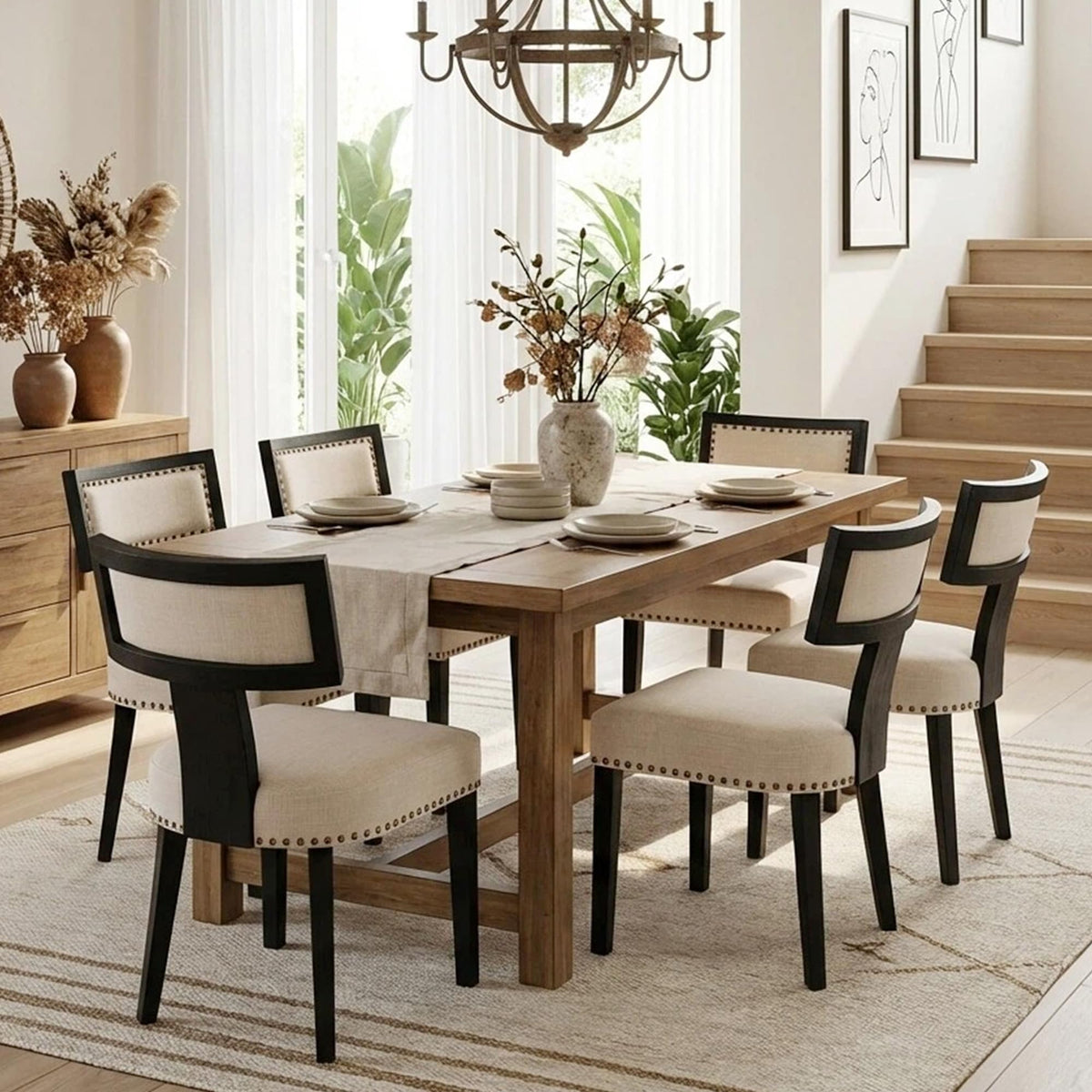 HNY Mid Century Modern Dining Chairs Set of 4, Upholstered Linen Kitchen & Dining Room Chairs with Ergonomic Curved Backrest, Solid Wood Legs, Farmhouse Accent Chair for Home, Apartment, Beige