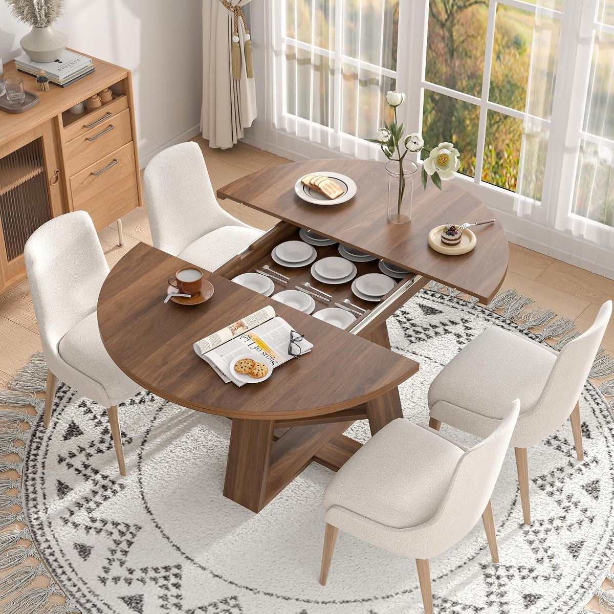 43.3"-59" Extendable Round Oval Dining Table for 4-8 with Storage Shelf