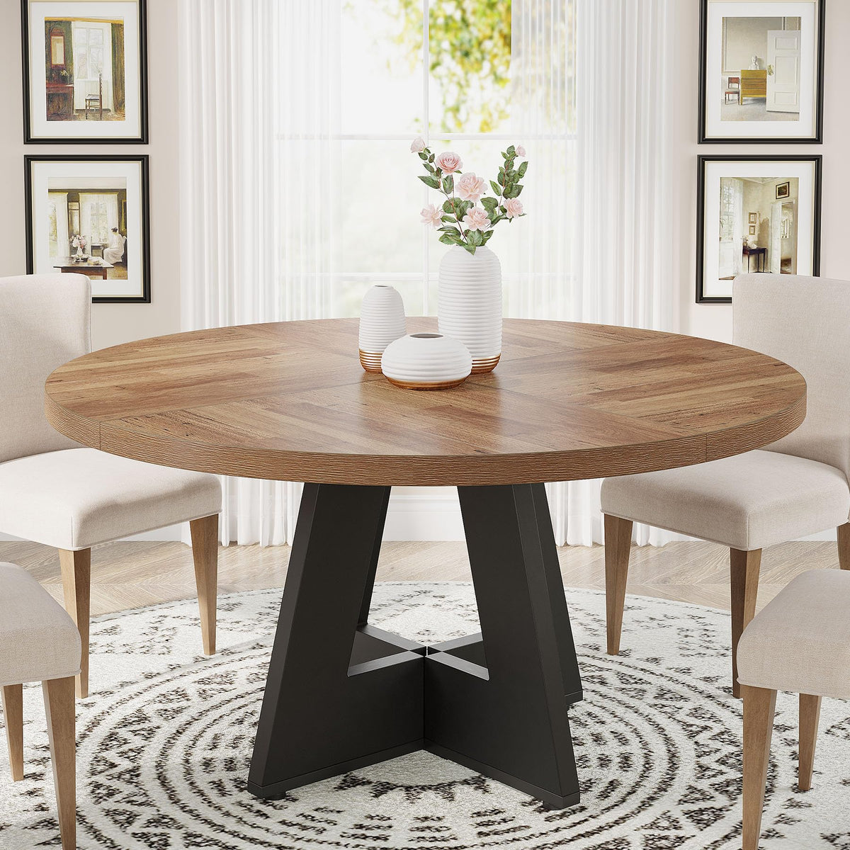 Tribesigns 47 inch Round Dining Table Wood Kitchen Table for Dining Room, 47" Dinner Room Tables for 4-6, Farmhouse Accent Furniture with Wooden Tabletop and Cross Base, Black