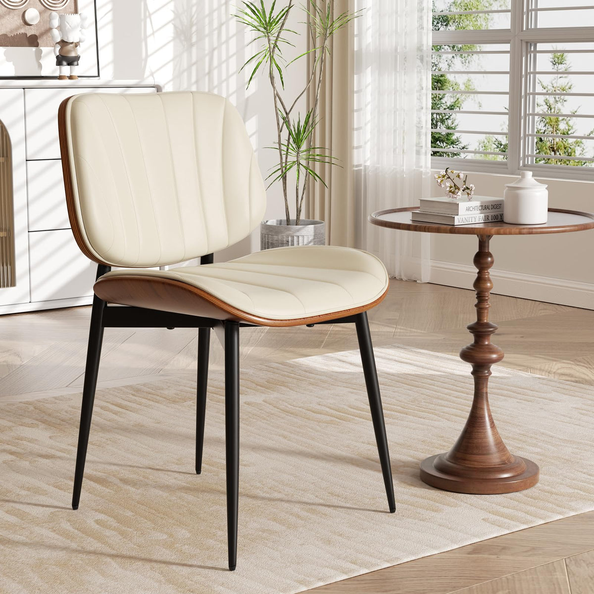 Dining Chairs Set of 2, Mid Century Modern Dining Room Chair, Upholstered Faux Leather Kitchen Chairs with Walnut Bentwood Back and Metal Legs for Kitchen Dining Room Living Room, Black