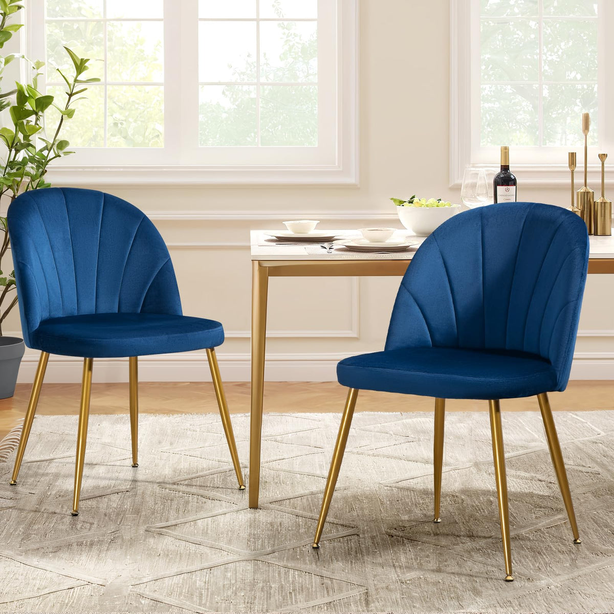 Velvet Dining Chairs Set of 4, Mid-Century Modern Upholstered Kitchen Chair with Metal Gold Legs for Living Room, Dining Room, White