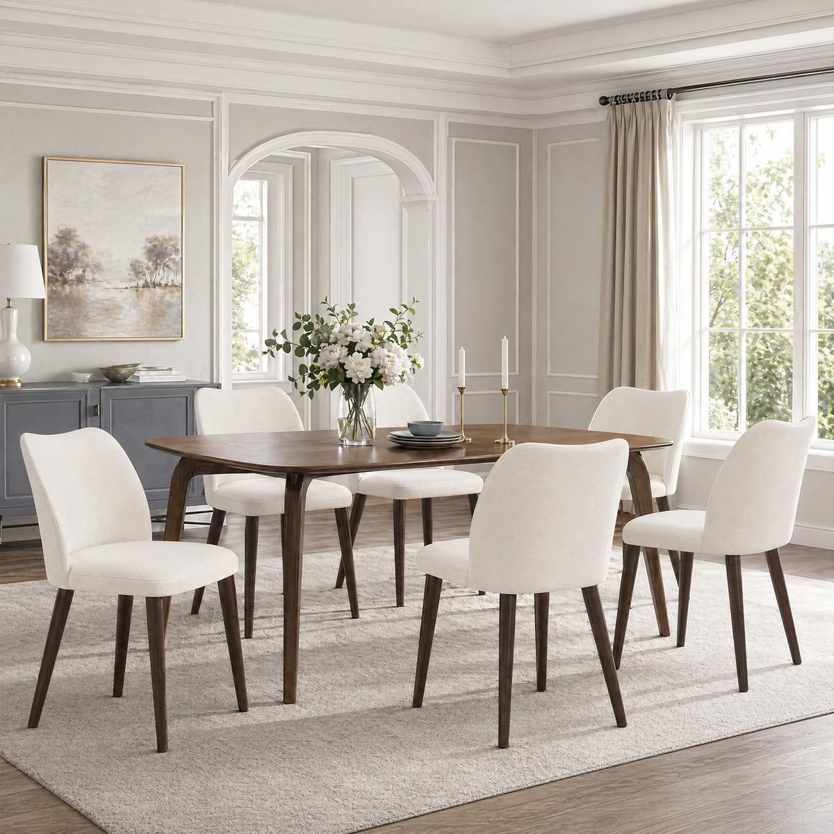 COLAMY Upholstered Dining Chairs Set of 6, Modern Kitchen & Dining Room Chairs with Curved Back, Fabric Padded Seat and Solid Wood Legs, Side Chairs for Restaurant, Cafe & Home, Beige