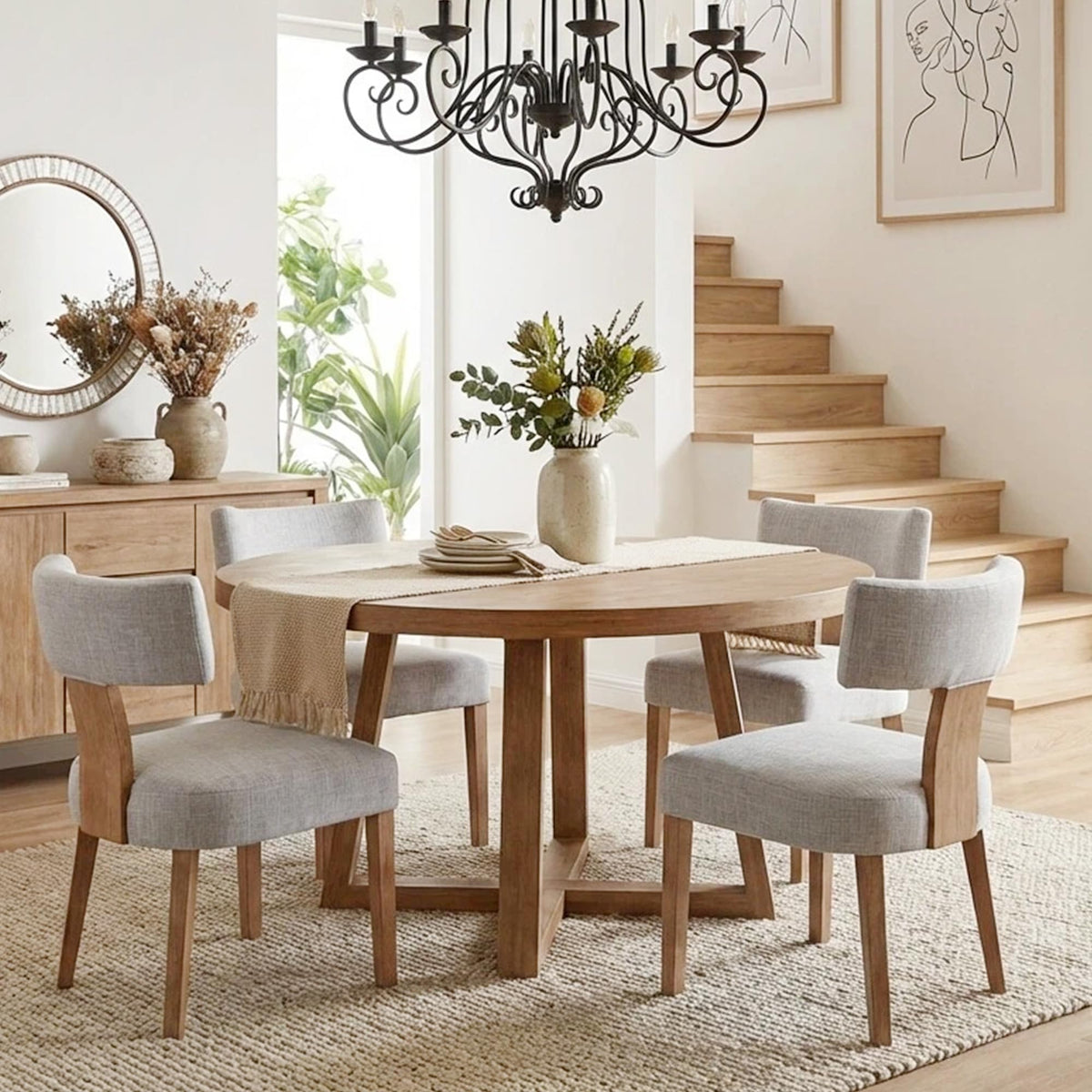 HNY Mid Century Modern Dining Chairs Set of 4, Upholstered Linen Kitchen & Dining Room Chairs with Ergonomic Curved Backrest, Solid Wood Legs, Farmhouse Accent Chair for Home, Apartment, Beige