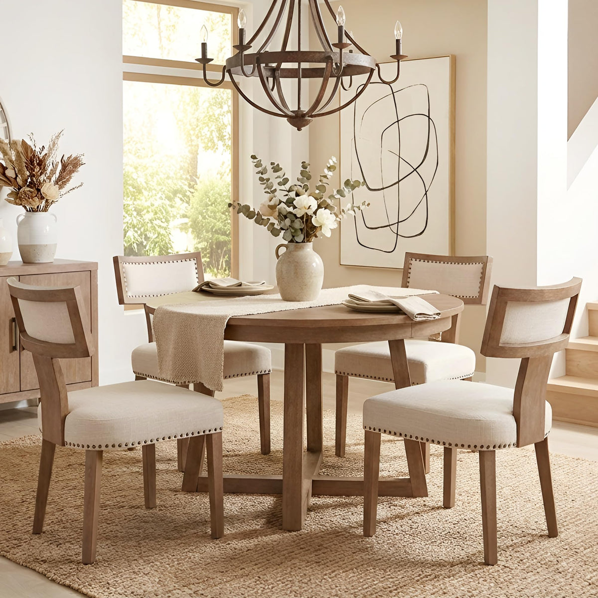 HNY Mid Century Modern Dining Chairs Set of 4, Upholstered Linen Kitchen & Dining Room Chairs with Ergonomic Curved Backrest, Solid Wood Legs, Farmhouse Accent Chair for Home, Apartment, Beige