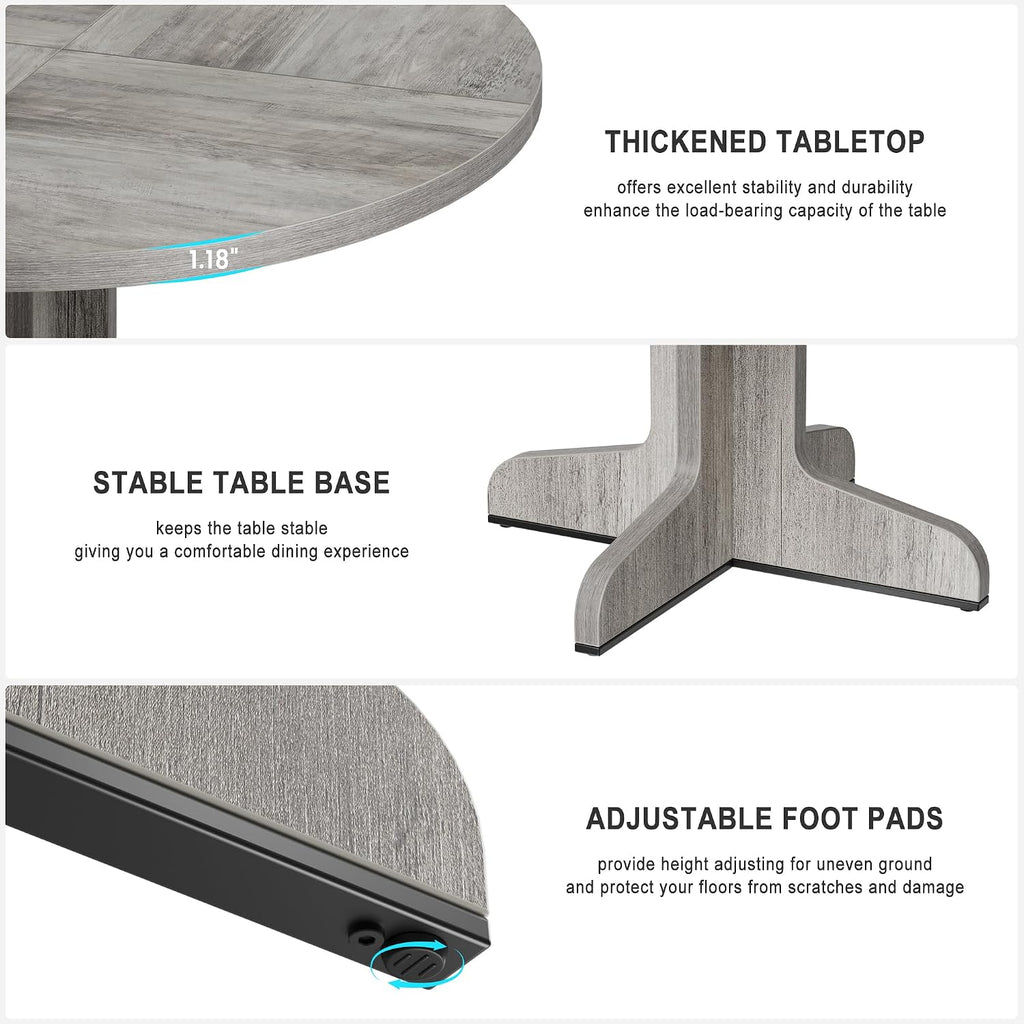 47" Round Dining Table for 4, Farmhouse Kitchen Dining Room Table, Grey