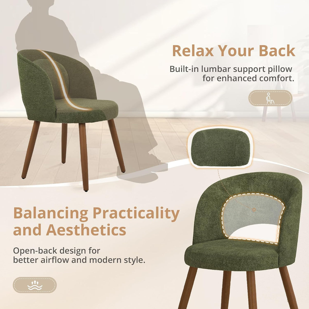 LUE BONA Dining Chairs Set of 4 with Lumbar Support, Green