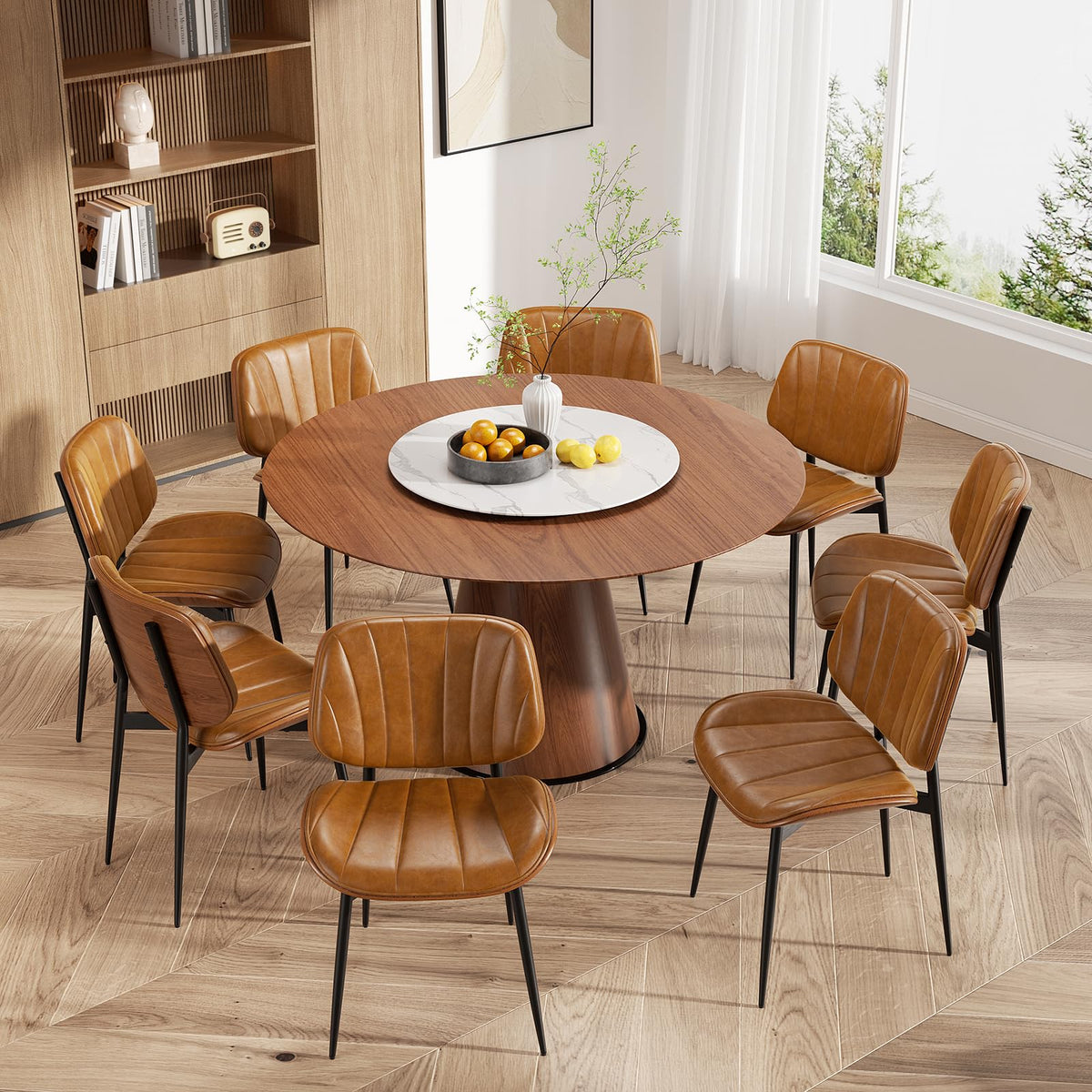 Dining Chairs Set of 2, Mid Century Modern Dining Room Chair, Upholstered Faux Leather Kitchen Chairs with Walnut Bentwood Back and Metal Legs for Kitchen Dining Room Living Room, Black