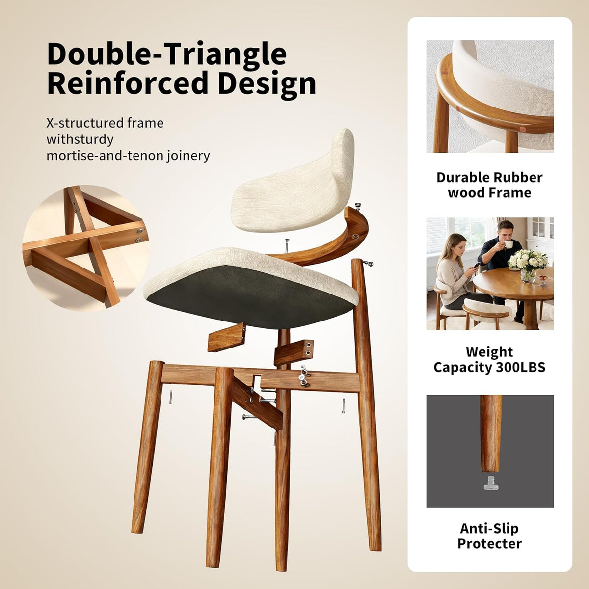 Wooden Dining Chairs Set of 4 Mid Century Modern Upholstered Farmhouse Dining Room Chair with Solid Wood Legs, Fabric Kitchen Side Chairs with Ergonomic Curved Backrest (4, Walnut + Beige)