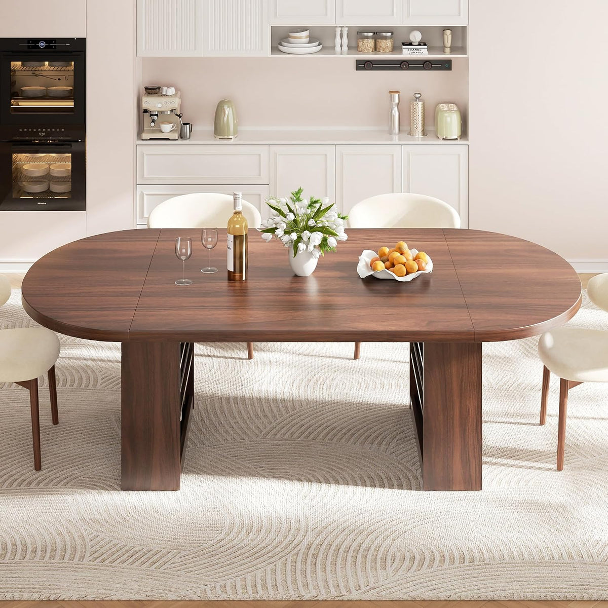 Jocoevol 70.8" Oval Dining Table for 6-8, Modern Dining Room Table with 3-Tier Storage Shelf, Wood Dinner Tables with Heavy Duty Pedestal Base for Kitchen Living Room - Walnut