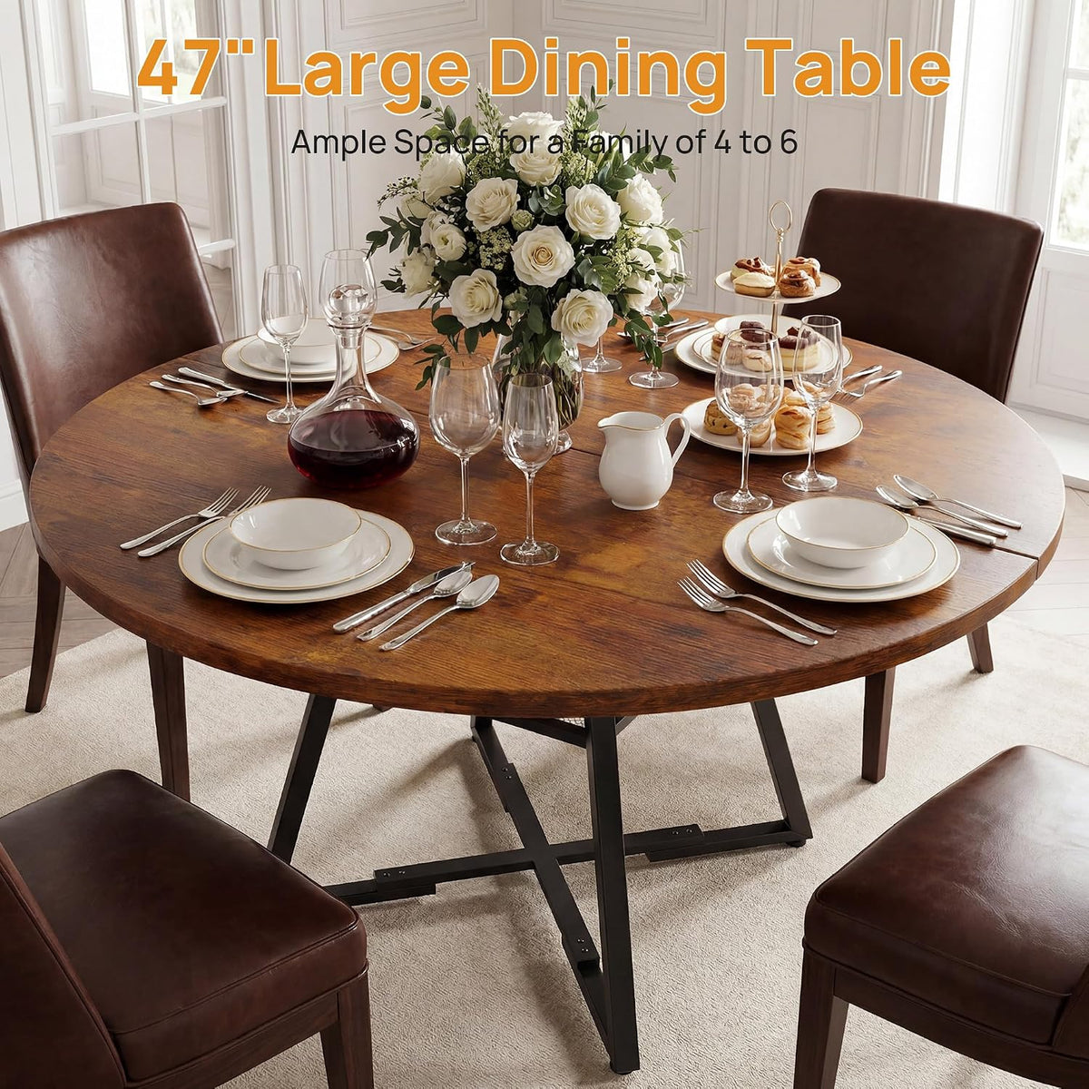 Alpen 42" Round Dining Table for 4-6, Farmhouse Kitchen Table with Storage Shelf, Wood Circle Table with Pedestal Metal Frame, Small Space Table for Apartment, Dining Room, Vintage Brown
