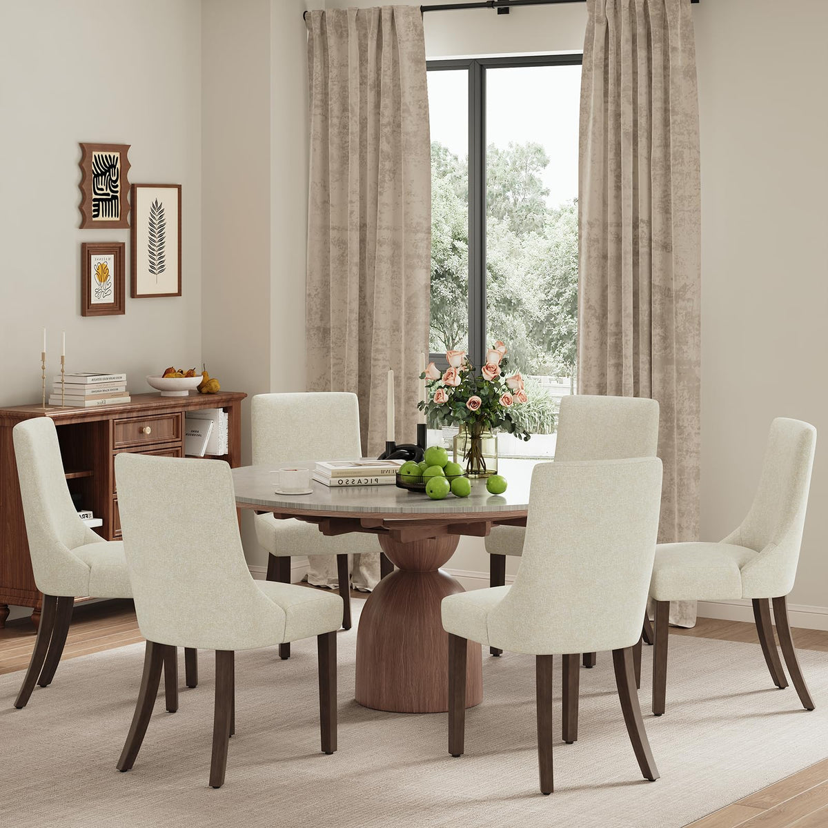MALOL Wooden Dining Chairs Set of 6, Upholstered Kitchen & Dining Room Chairs with Solid Wood Legs Curved Backrest Farmhouse Accent Chair for Dining/Kitchen/Living Room, Camel