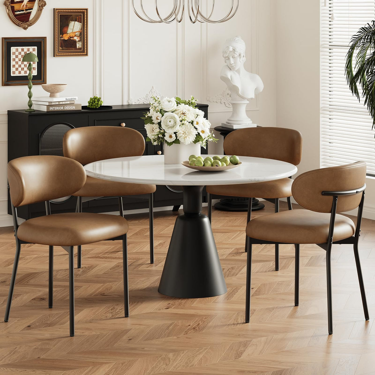 MALOL Leather Dining Chair with Armrest Set of 4, Upholstered Dining Room Chair with Curved Back and Wood Legs, Mid Century Modern Kitchen Chairs for Kitchen Dining Room,Brown