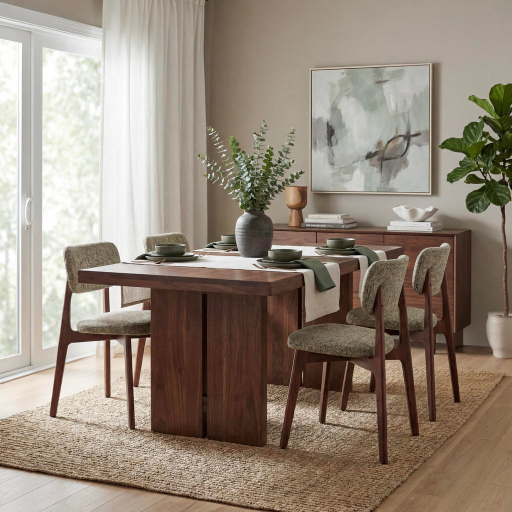 COLAMY Dining Chairs Set of 2, Mid Century Modern Upholstered Kitchen Chairs with Solid Red Oak Wood Legs, Textured Fabric Dining Room Accent Chairs for Small Spaces, 300 lbs Capacity,Walnut,Oatmeal