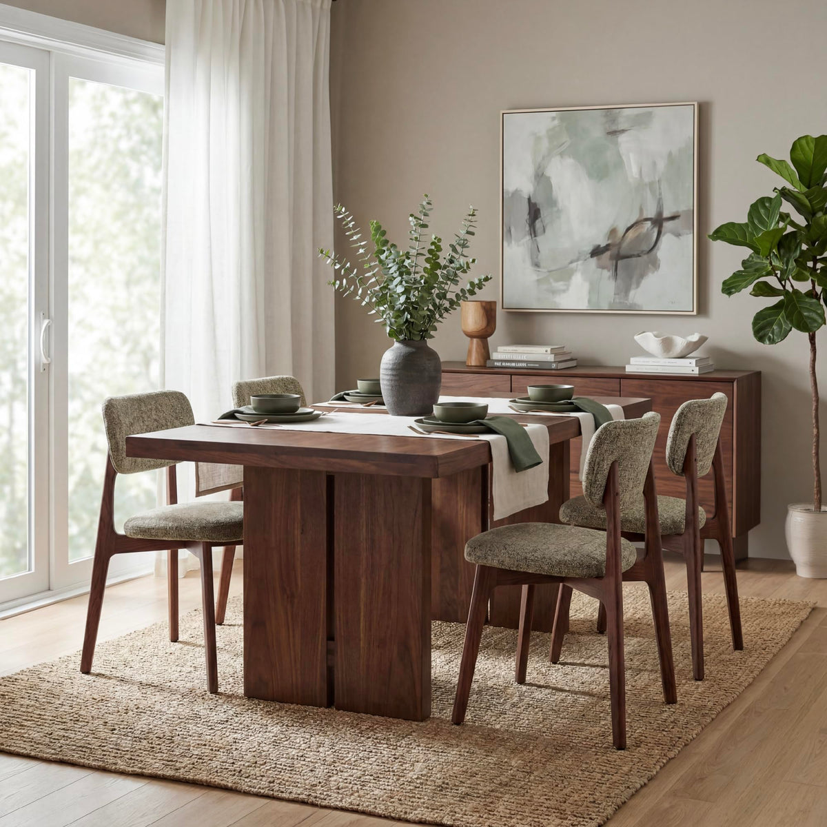 COLAMY Dining Chairs Set of 2, Mid Century Modern Upholstered Kitchen Chairs with Solid Red Oak Wood Legs, Textured Fabric Dining Room Accent Chairs for Small Spaces, 300 lbs Capacity,Walnut,Oatmeal