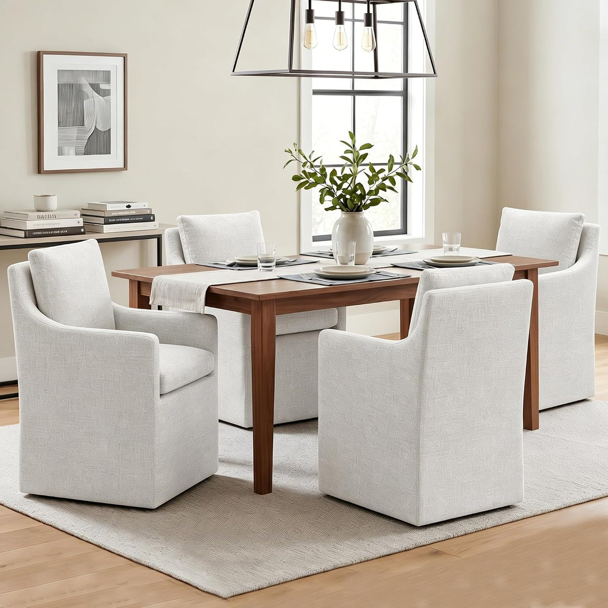 DUHOME Upholstered Dining Chairs with Casters,Linen Dining Chairs Set of 4