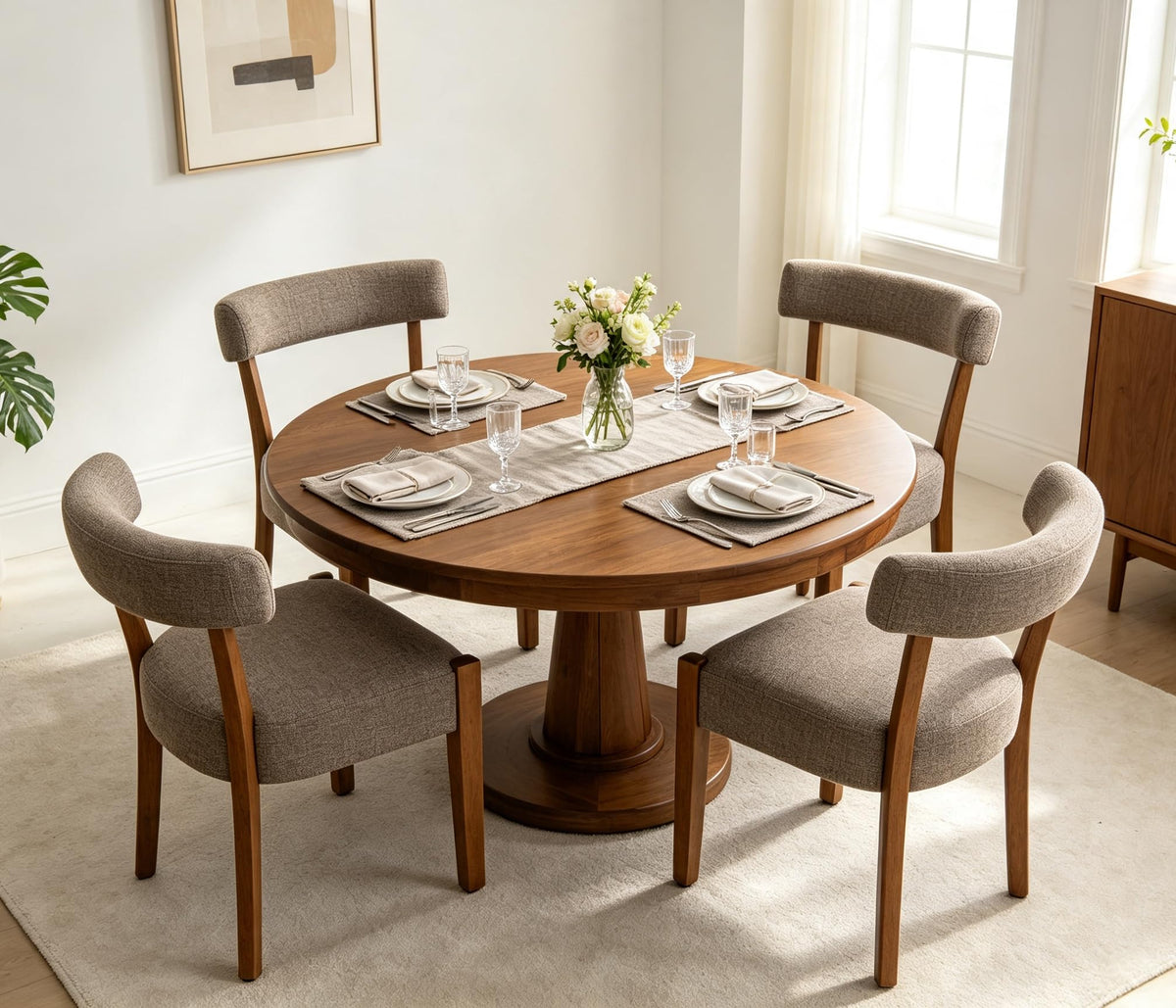 RNKSFX Modern Dining Chairs Set of 4, Faux Leather Upholstered Kitchen & Dining Room Chairs, Mid Century Modern Wooden Dining Chairs Oversized Sturdy Rounded Chairs Curved Back, Beige