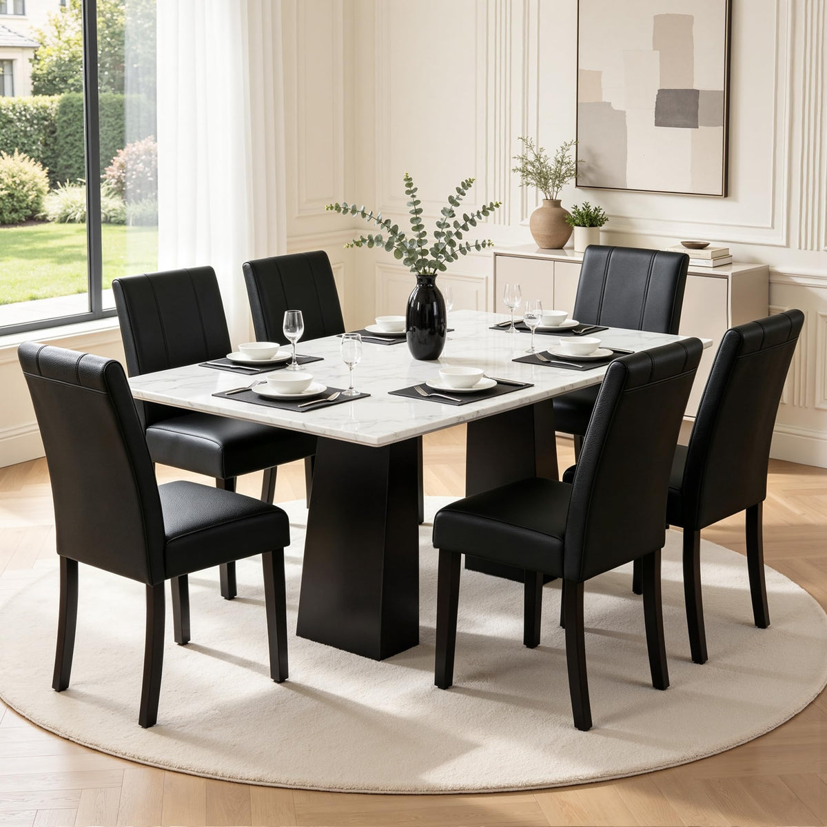 CHUN YI Dining Chairs Set of 4, Faux Leather Dining Room Chairs, Upholstered Modern Kitchen Parsons Chairs for Dining Room with Sturdy Wood Legs, Black (Only Chair)