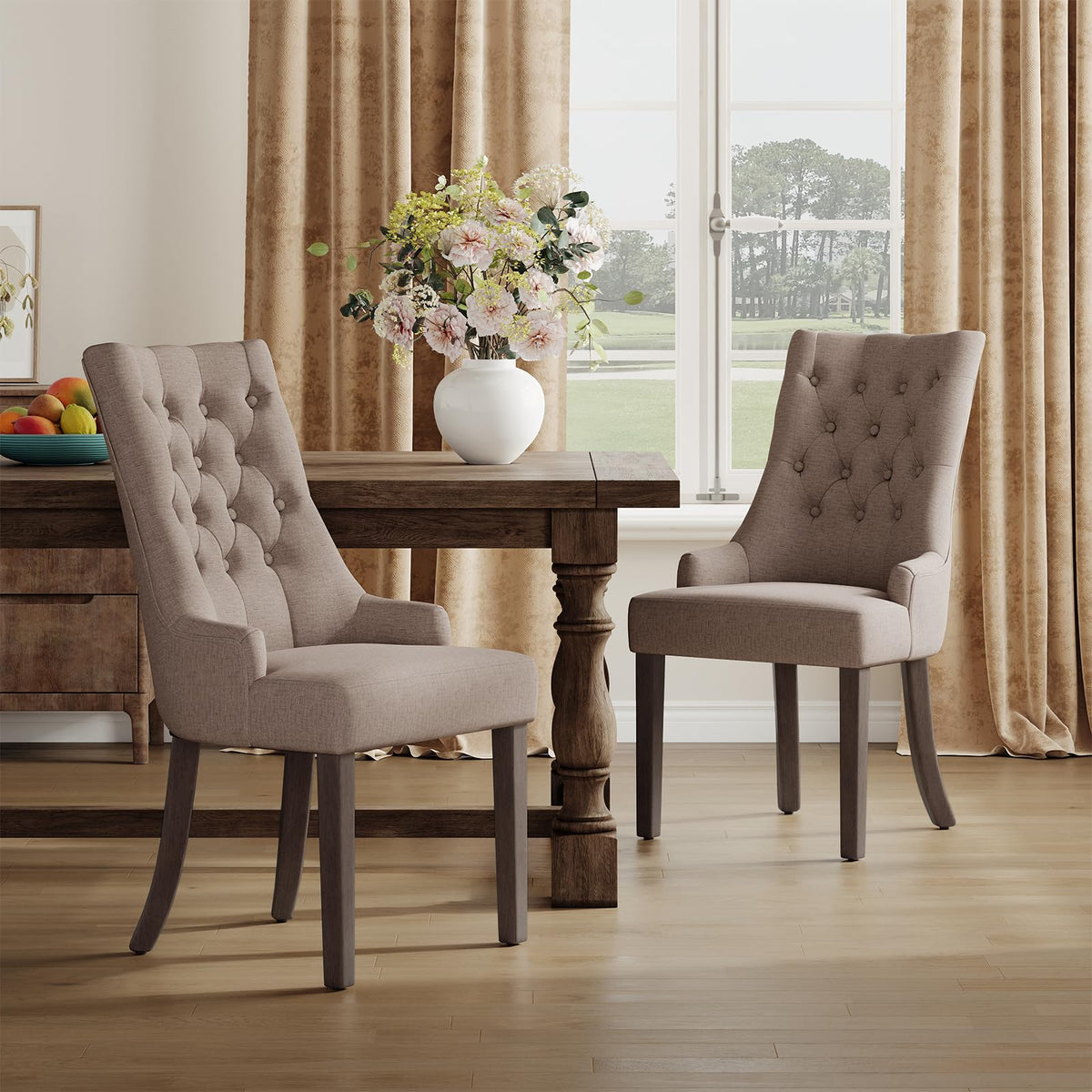 COLAMY Wingback Upholstered Dining Chairs Set of 4, Fabric Side Dining Room Chairs with Tufted Button, Living Room Chairs for Home Kitchen Resturant- Beige