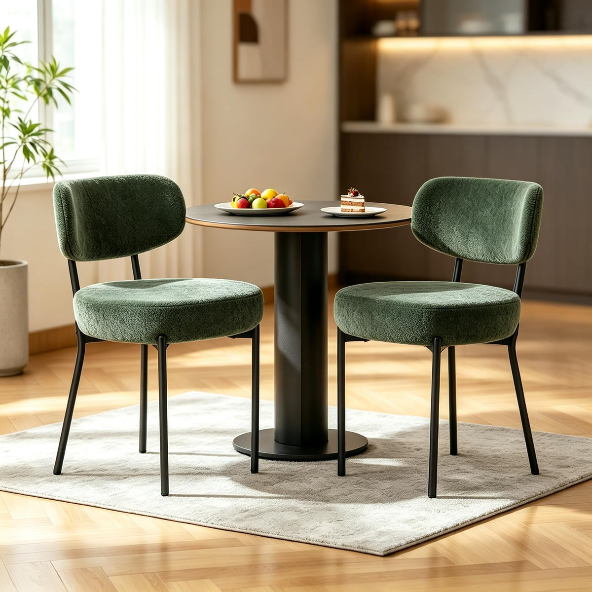 DUMOS Dining Chairs Set of 2, Mid Century Modern Chair Round Upholstered Curved Backrest, Kitchen Vanity Living Room Chairs with Black Metal Legs, Green