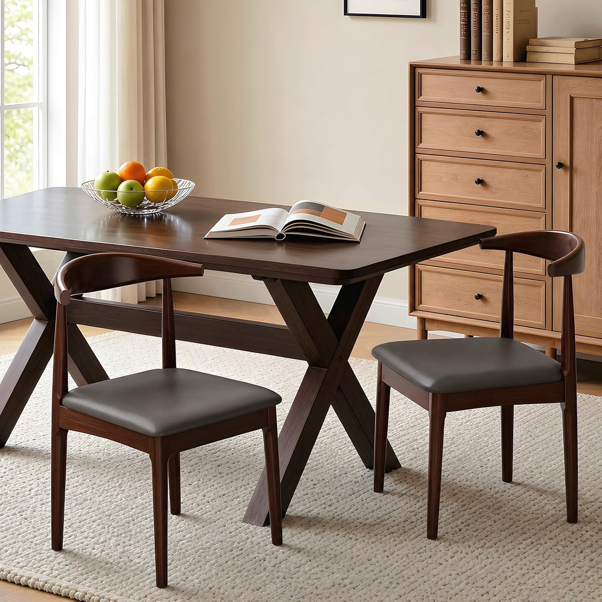 Solid Wood Dining Chairs Set of 2, Mid Century Modern Kitchen Chairs with Leather Upholstered Seat, Elegant Walnut-Colored Side Chairs for Dining Room, Kitchens,Restaurants, Cafes