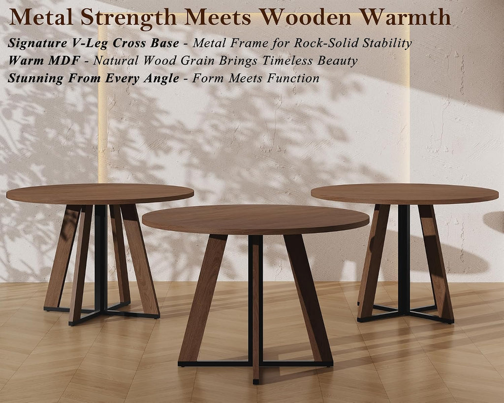 MECHYIN 42 inch Round Dining Table for 4, Farmhouse Kitchen Table, Round Dining Room Table with Metal Legs for Small Spaces & Apartment, Space-Saving Circle Wood Dinner Table, Walnut