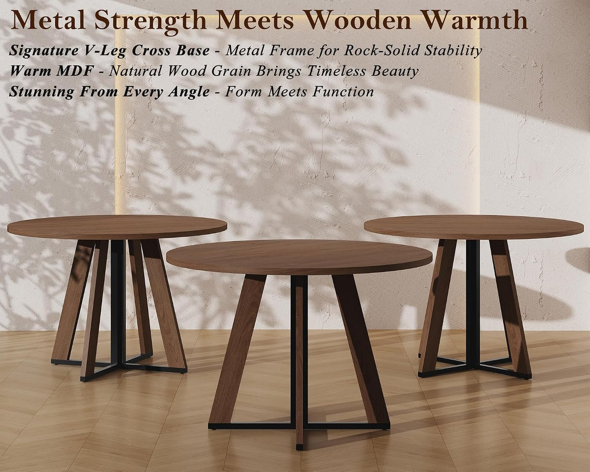 MECHYIN 42 inch Round Dining Table for 4, Farmhouse Kitchen Table, Round Dining Room Table with Metal Legs for Small Spaces & Apartment, Space-Saving Circle Wood Dinner Table, Walnut