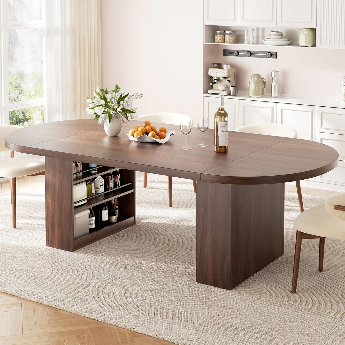 Jocoevol 70.8" Oval Dining Table for 6-8, Modern Dining Room Table with 3-Tier Storage Shelf, Wood Dinner Tables with Heavy Duty Pedestal Base for Kitchen Living Room - Walnut