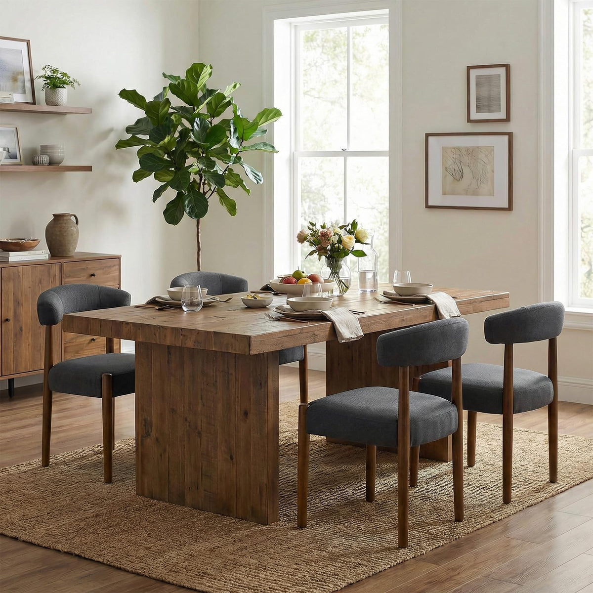 VKNOW Wooden Dining Chairs Set of 4 with Walnut Wood Legs and Curved Back
