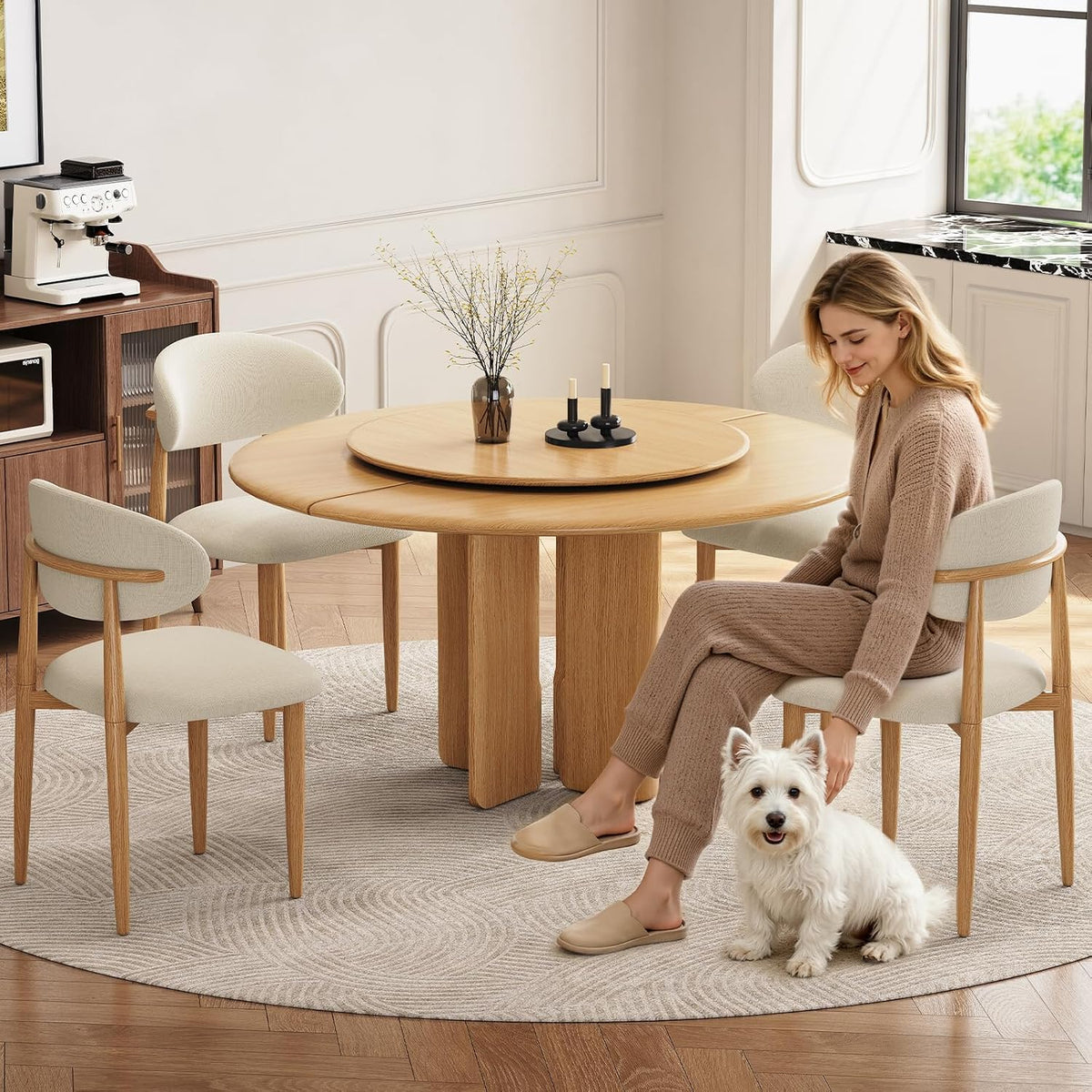 Dining Chairs, Modern Fabric Upholstered Dining Room Chair MetalKitchen Chairs, Farmhouse Dinner Chair for Kitchen Dining Room, Beige (4, Beige Seat/Wood-Grain Metal Legs)