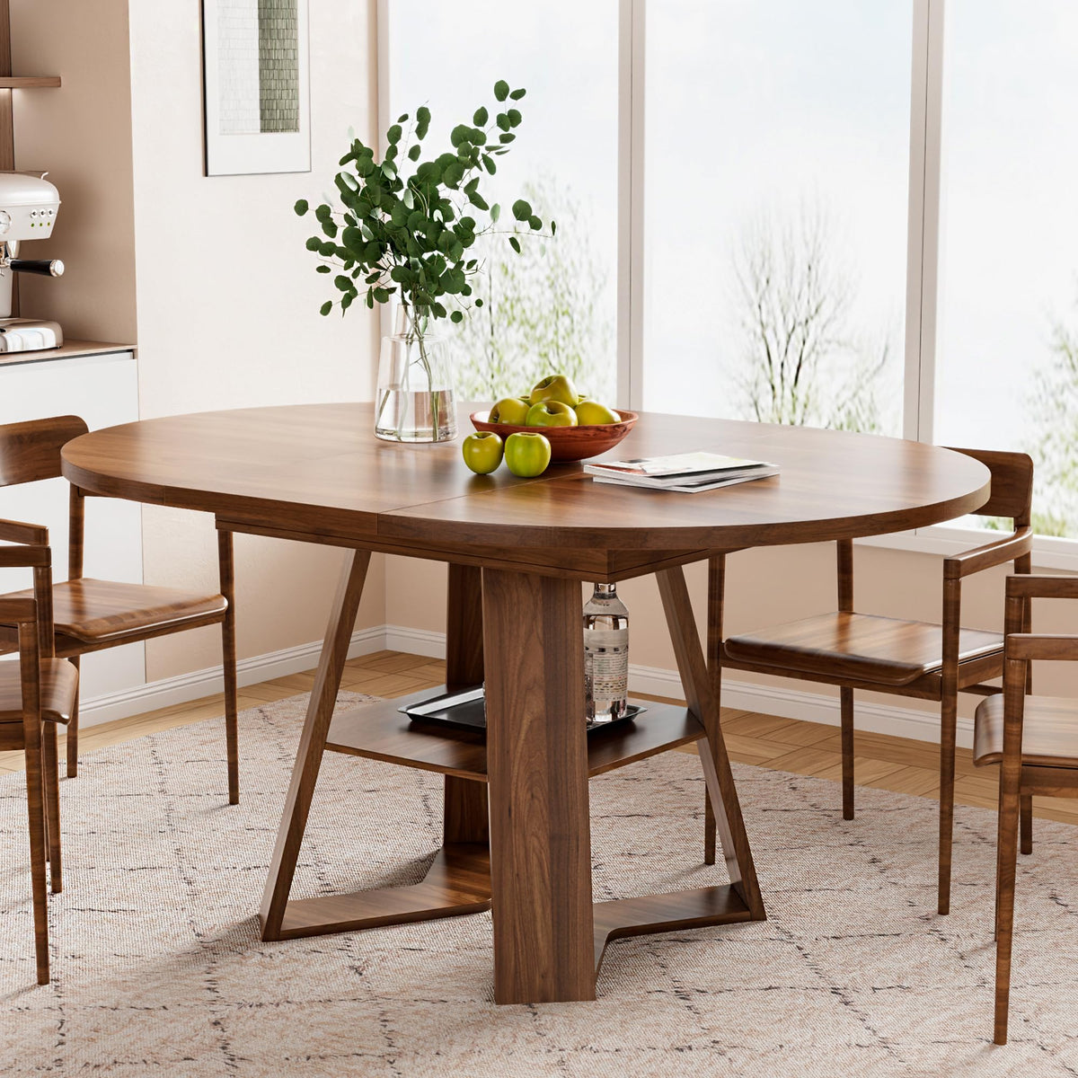 43.3"-59" Extendable Round Oval Dining Table for 4-8 with Storage Shelf