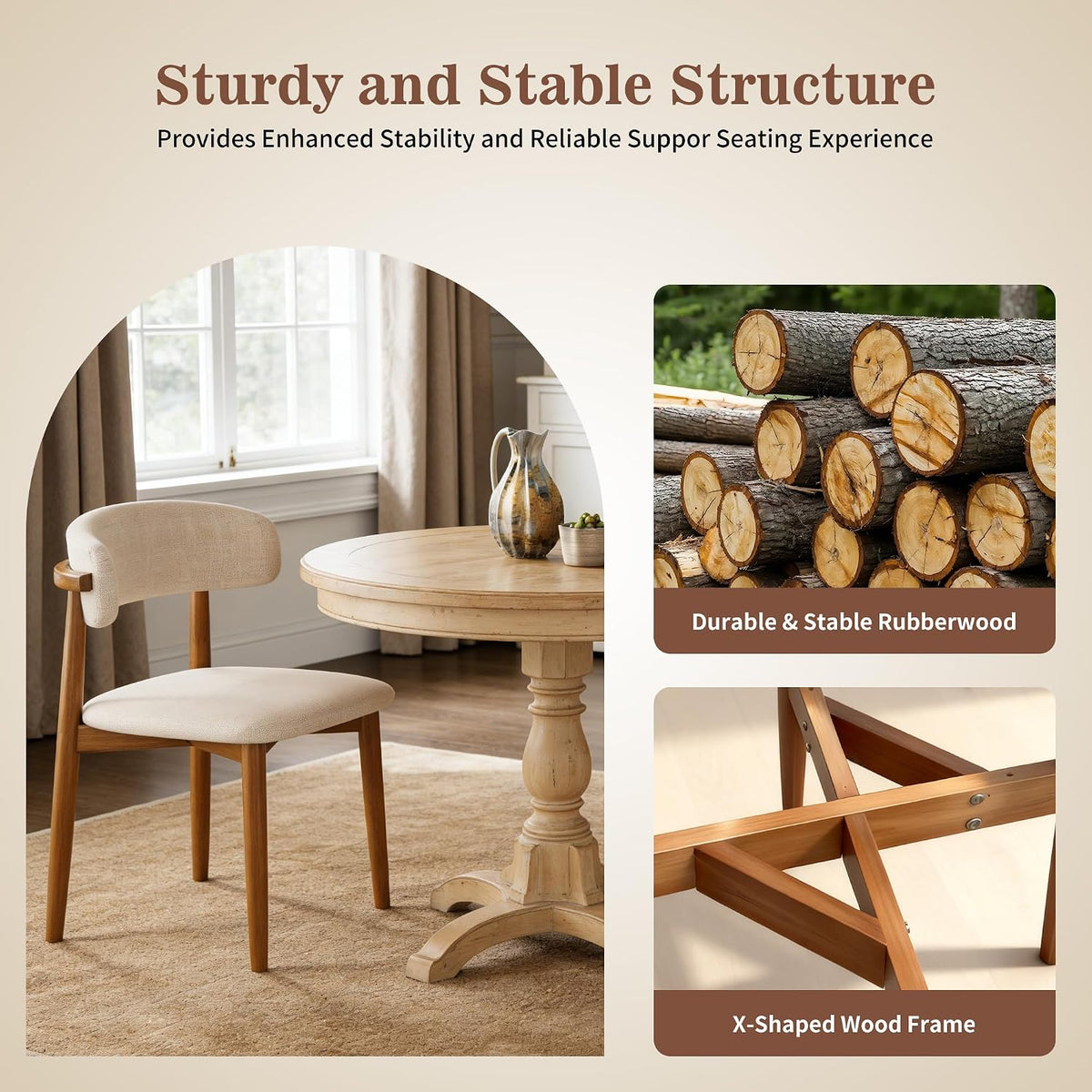 Wooden Dining Chairs Set of 4 Mid Century Modern Upholstered Farmhouse Dining Room Chair with Solid Wood Legs, Fabric Kitchen Side Chairs with Ergonomic Curved Backrest (4, Walnut + Beige)