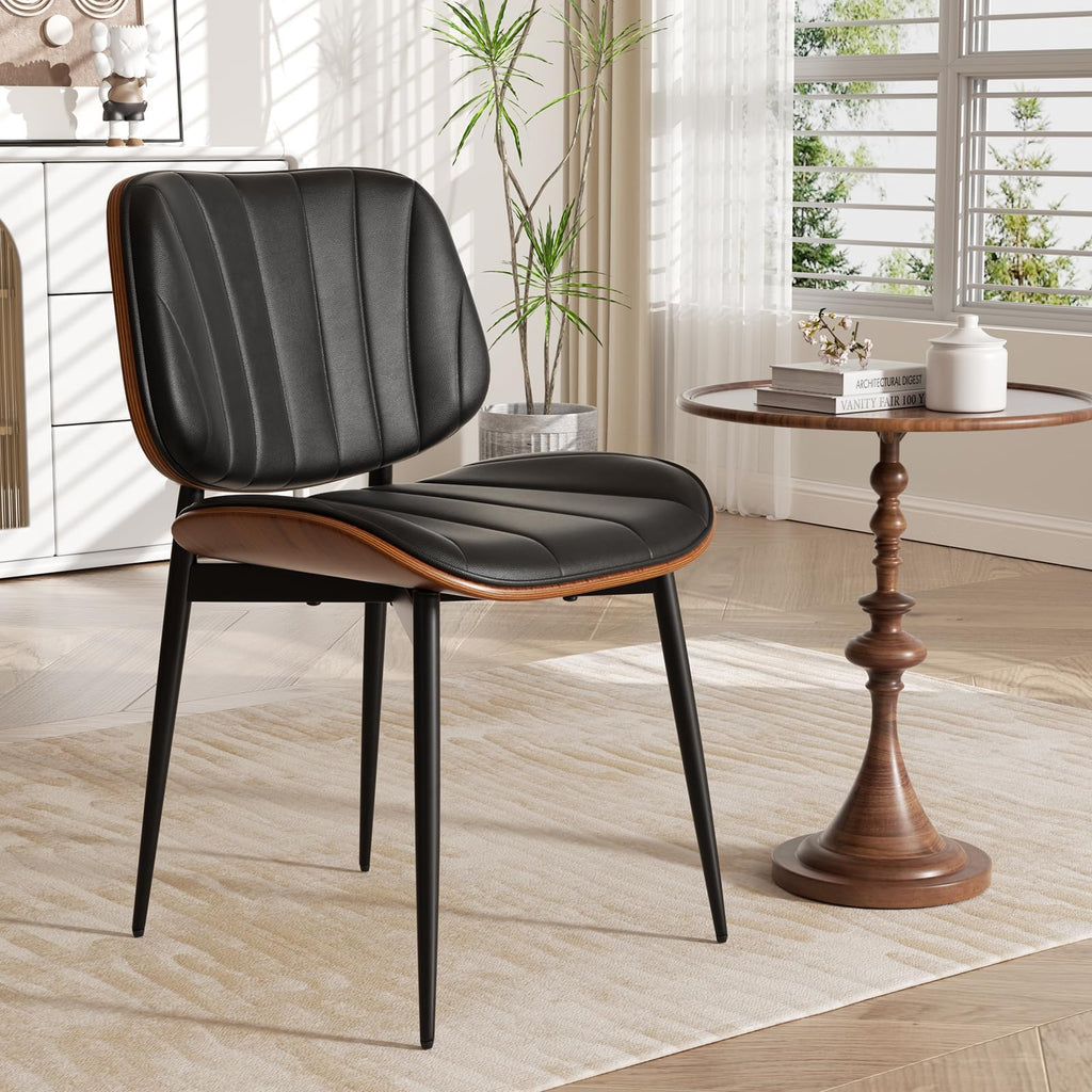 Dining Chairs Set of 2, Mid Century Modern Dining Room Chair, Upholstered Faux Leather Kitchen Chairs with Walnut Bentwood Back and Metal Legs for Kitchen Dining Room Living Room, Black
