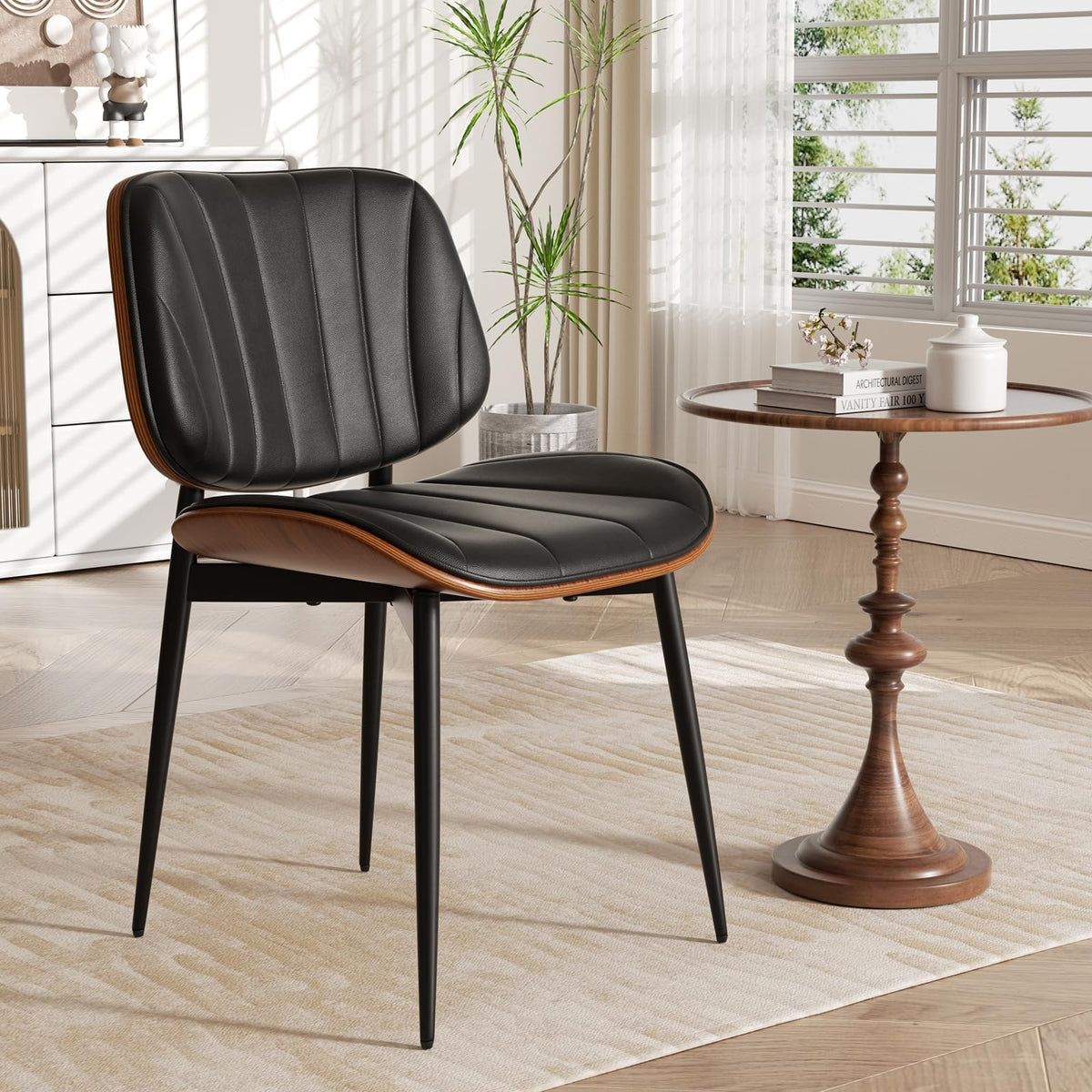 Dining Chairs Set of 2, Mid Century Modern Dining Room Chair, Upholstered Faux Leather Kitchen Chairs with Walnut Bentwood Back and Metal Legs for Kitchen Dining Room Living Room, Black