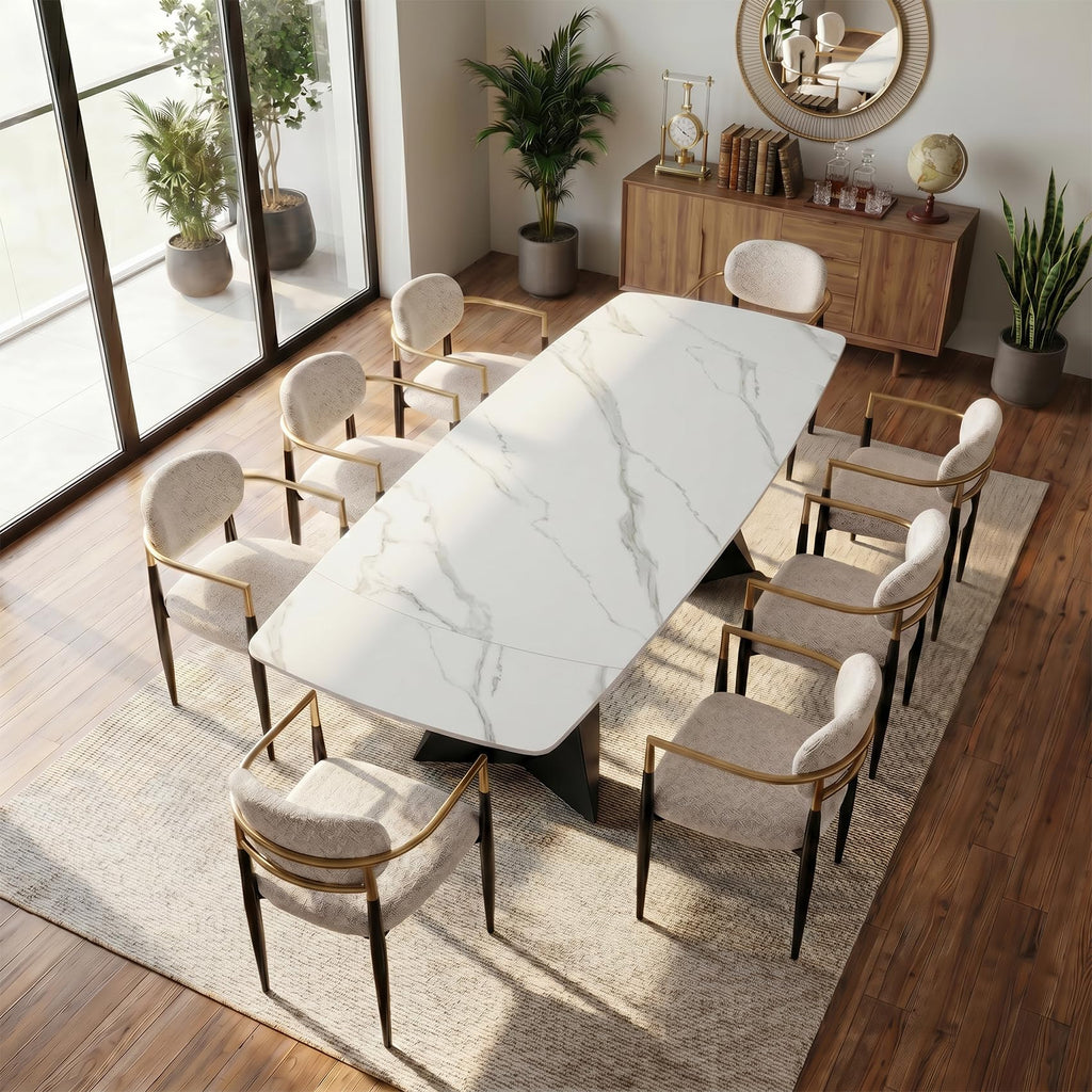 Extendable Dining Table with Leaf, 78"-110" Rectangular Sintered Stone, Marble-Look Top, Seats 6-14, Metal Base, Easy-Clean, Heat & Scratch Resistant, Dining Room/Kitchen Table for Family Gatherings